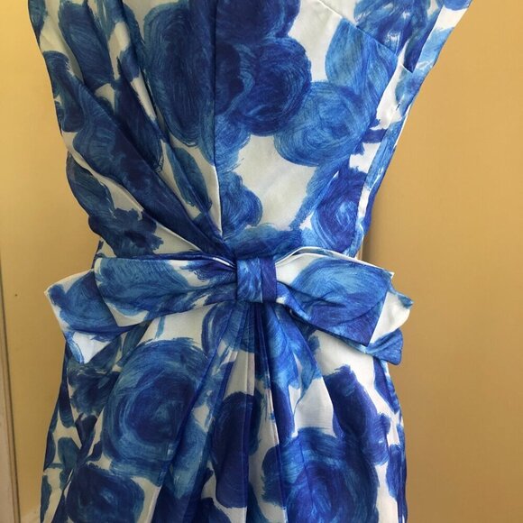 Vintage 60s Party Cocktail Sheath Dress Small Blue Floral Chiffon Swing Mad Men - Picture 6 of 13